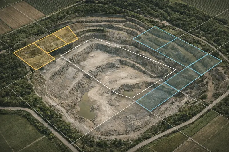Cava dismessa vista dall'alto con aree evidenziate per l'installazione di un impianto fotovoltaico