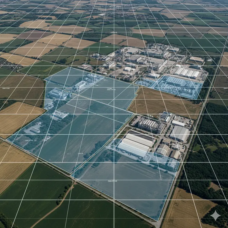 Mappa con lotti di un'area industriale evidenziati per la valutazione di un impianto fotovoltaico