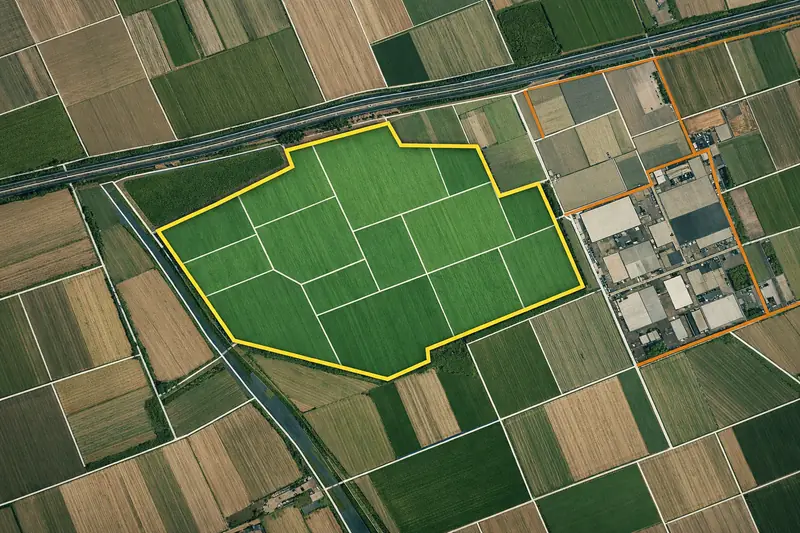 Terreno agricolo di grandi dimensioni con perimetro evidenziato per un progetto agrivoltaico